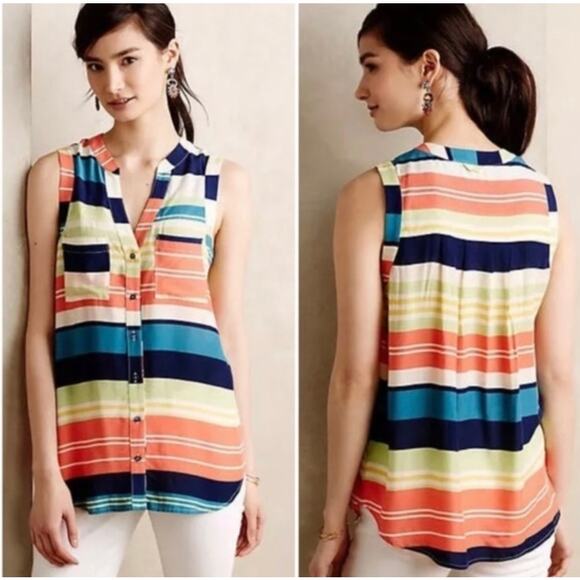Anthropologie Maeve Sunseeker Rainbow Striped Sleeveless Blouse, Size 2 - Picture 1 of 6
